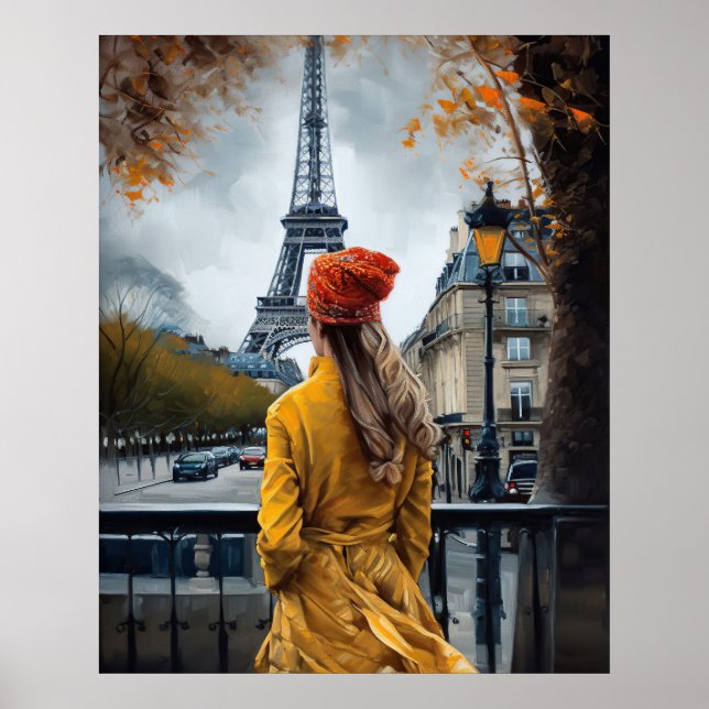 Poster Femme en Peignoir Jaune Admirant La Tour Eiffel (Devant)