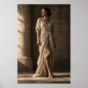 Poster Femme en robe d'ivoire fluide à côté d'une colonne