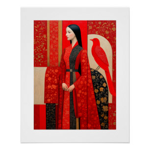 Poster Femme en robe fleurie rouge & un oiseau rouge