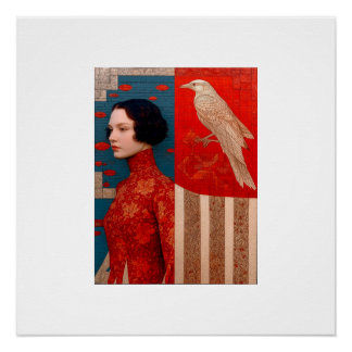 Poster Femme en robe rouge fleurie & oiseau doré Carte po