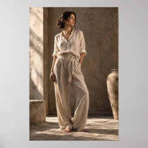 Poster Femme en vêtements de lin neutres Intérieur ensole