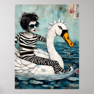Poster Femme en zèbre en tenue rayée sur un cygne flottan