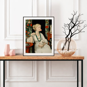 Poster Femme et Chien Bulle de Chewing-Gum Rose Bulles Co