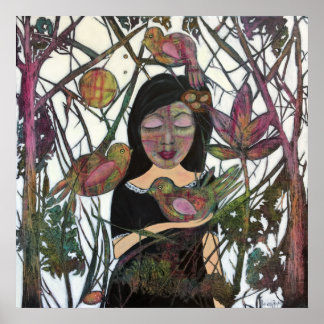 Poster Femme et oiseaux Art fantaisiste de connexion