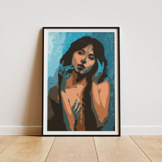 Poster Femme expressive dans les tons bleus Peinture