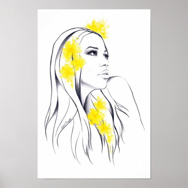 Poster Femme face Fleurs jaunes Mode illustration art (Devant)