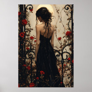 Poster Femme gothique en robe noire parmi les roses rouge