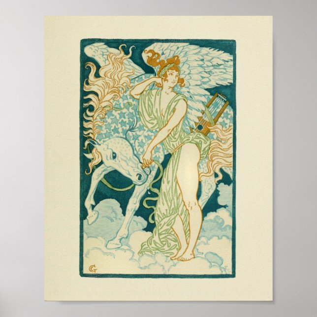 Poster Femme grecque Lyre Horse Blue Stars Imprimer (Devant)