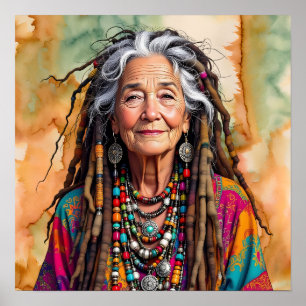 Poster Femme Hippie Cool Vieille Dame en Dread Locks