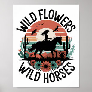Poster Femme Horseback équitation Fleurs sauvages Femmes