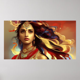 Poster Femme indienne asiatique colorée rouge or bleu