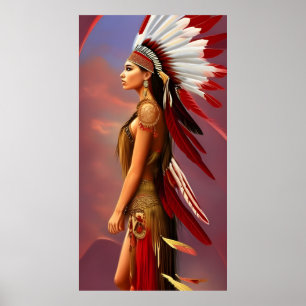 Poster femme indienne d'Amérique plumes rouges et blanche