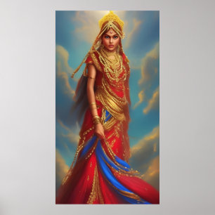 Poster femme indienne robe rouge or bijoux 