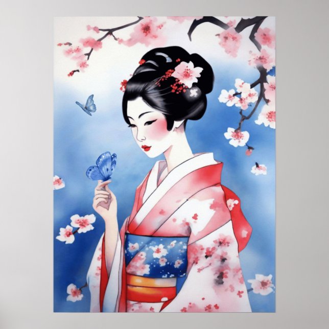 Poster Femme japonaise avec un papillon bleu (Devant)