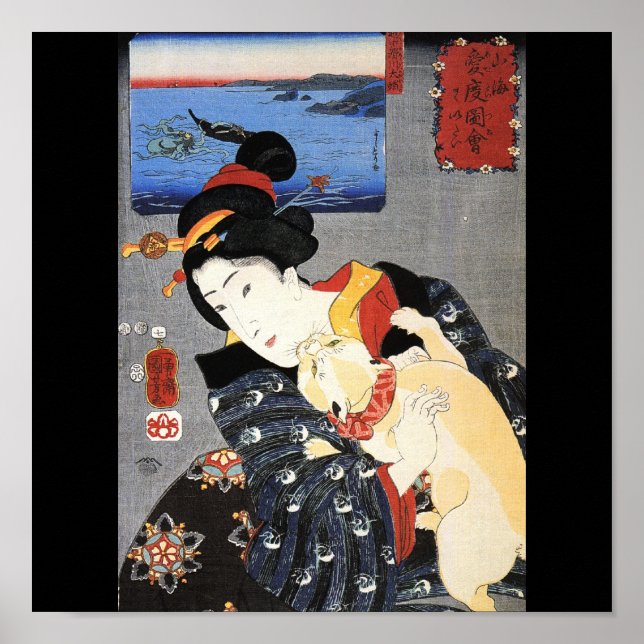 Poster Femme japonaise et chat, c. Japon des années 1800 (Devant)