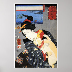 Poster Femme japonaise tenant un chat