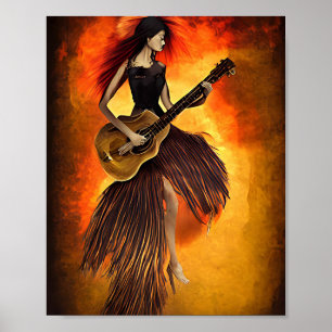 Poster Femme Jouer de la guitare rouge ciel Abstrait art 