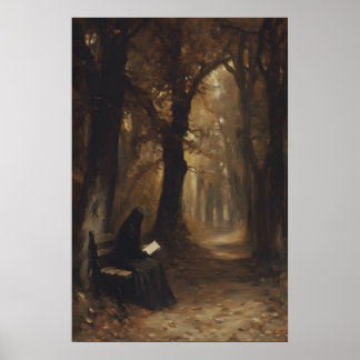 Poster Femme lisant dans une forêt automnale morose - Imp