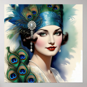 Poster Femme magnifique Paon des Années folles