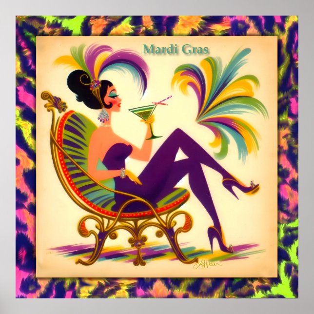 Poster Femme Mardi Gras Martini du milieu du siècle futur (Devant)