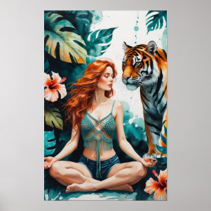 Poster Femme méditant avec un tigre du Bengale