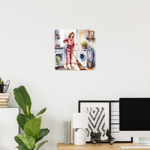 Poster Femme mignonne en pyjama faisant blanchisserie Ado