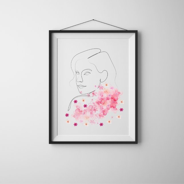 Poster Femme Moderne Avec Fleurs Roses Ligne Art (Créateur téléchargé)