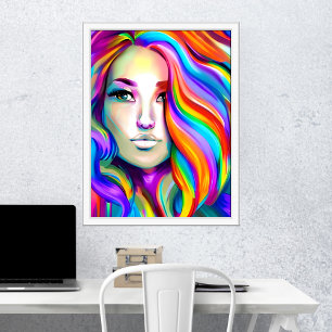 Poster Femme moderne rétro avec les cheveux arc-en-ciel