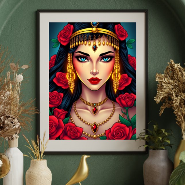 Poster Femme mystique aux yeux bleus et aux roses rouges (Créateur téléchargé)