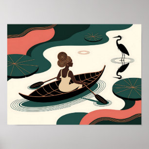 Poster Femme noire abstraite ramant en canoë