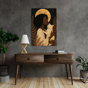 Poster Femme noire avec chat blanc sous Pleine lune Poste