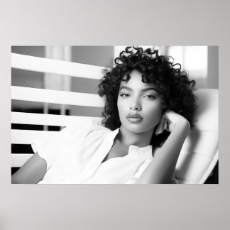 Poster Femme noire dans le salon chaise moderne photo B&W