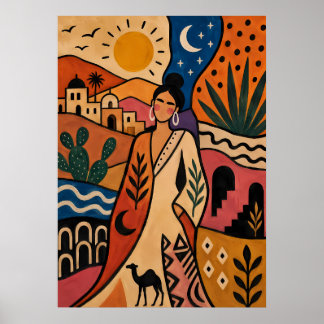 Poster Femme Oasis Marocain Jour et Nuit 