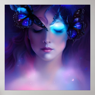 Poster Femme papillon bleu