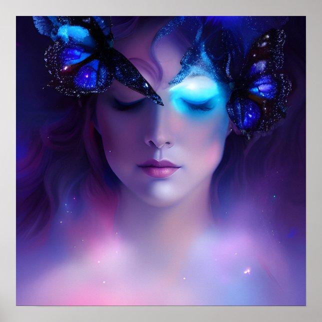 Poster Femme papillon bleu (Devant)