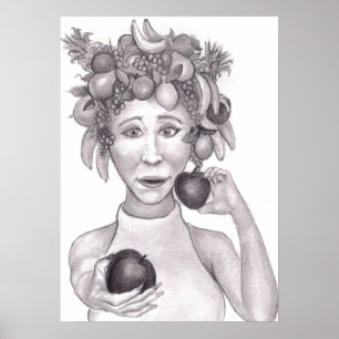 Poster Femme portant un chapeau fait de fruits offrant au