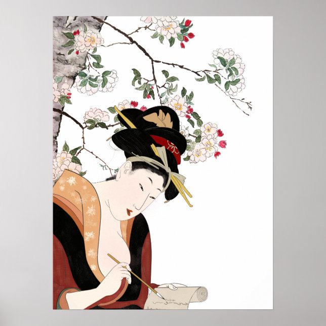 Poster Femme portrait femme en bois japonaise écrivant (Devant)