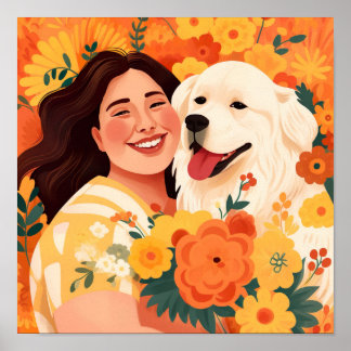 Poster Femme prospère et Secourt chien portrait floral
