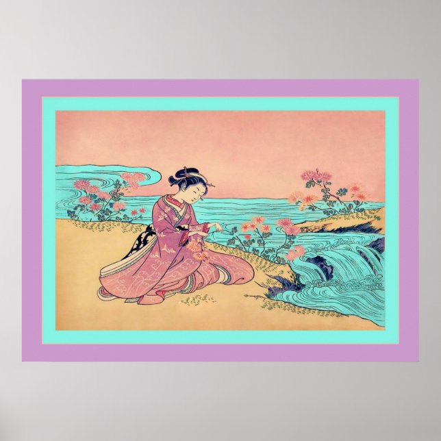 Poster Femme qui ramasse des chrysanthèmes ~ Japonais Vin (Devant)