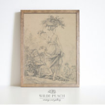 Femme qui ramasse des fleurs croquis vintage,