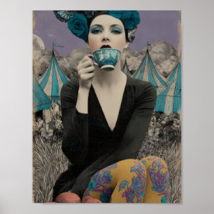 Poster Femme Rétro Boit du Thé au Cirque
