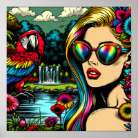 Femme Rétro et Perroquet dans le Parc Pop Art 