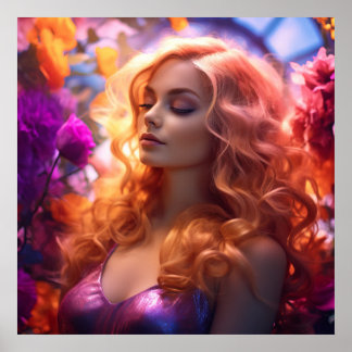 Poster Femme rousse et fleurs