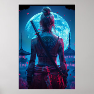 Poster Femme samouraï guerrière avec katana — culture jap