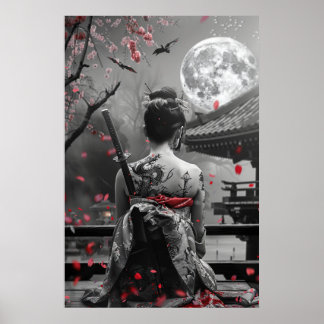 Poster Femme samouraï japonaise avec tatouage sous la ple