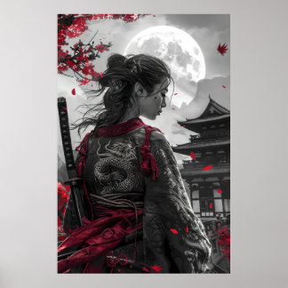 Poster Femme samouraï japonaise avec tatouage sous la ple