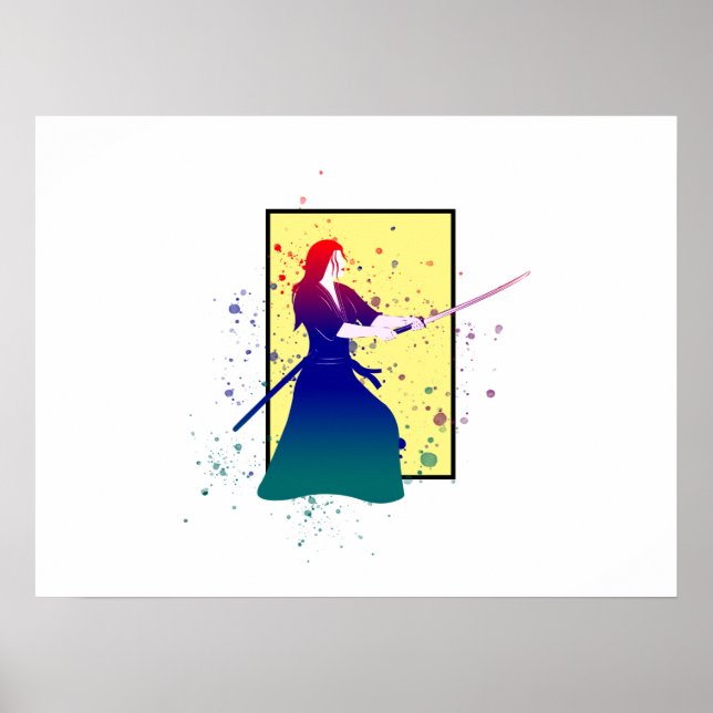 Poster Femme Samurai guerrière avec Sword Paint Splash (Devant)
