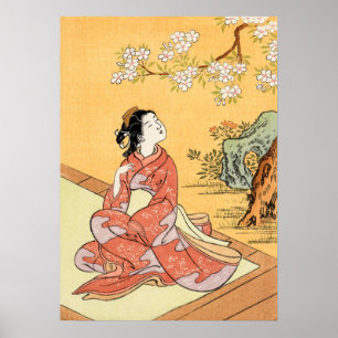Poster Femme s'asseyant sous des fleurs de cerisier