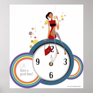 Poster Femme s'asseyant sur une horloge et tenant une