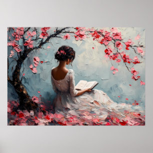 Poster Femme sereine lisant sous les fleurs de cerisier